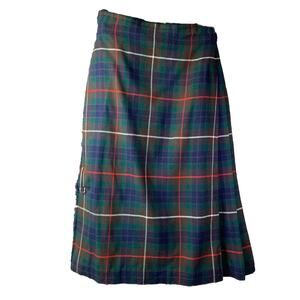 Vintage Scott Adie London Womens Green & Red Plaid Kilt Pleated‎ Skirt Buckle